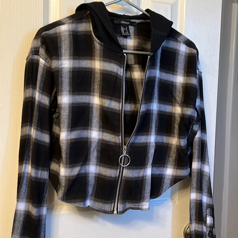 Hooded Zip Up Crop Flannel - High Low